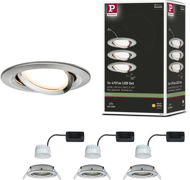 Paulmann led-inbouwlamp nova coin set van 3 zwenkbaar rond 84 mm 50° coin 3x6w 3x470lm 230v 2700k staal geborsteld