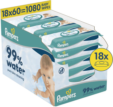 Pampers 99% water babydoekjes - 18 verpakkingen van 60 doekjes = 1080 billendoekjes