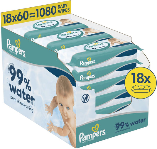 Pampers 99% water babydoekjes - 18 verpakkingen van 60 doekjes = 1080 billendoekjes