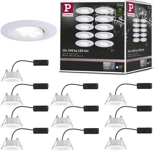 Paulmann led-inbouwlamp calla basisset zwenkbaar ip65 rond 90 mm 30° 10x5,2w 10x460lm 230v dimbaar 4000k wit mat