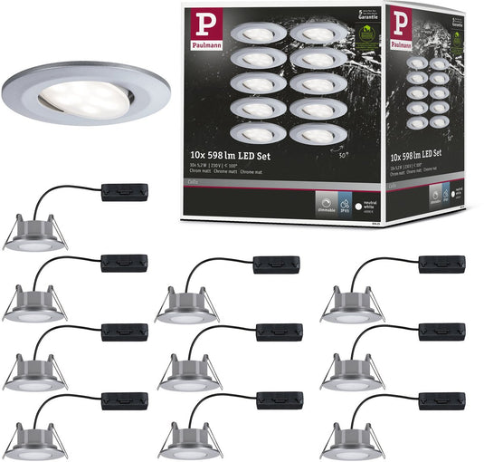 Paulmann led-inbouwlamp calla basisset zwenkbaar ip65 rond 90 mm 30° 10x5,2w 10x460lm 230v dimbaar 4000k chroom mat