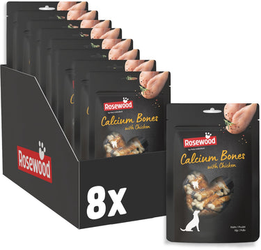 Rosewood calcium bones kip - hondensnack met extra calcium - met kip runderhuid - graanvrij - 8 zakjes à 100g
