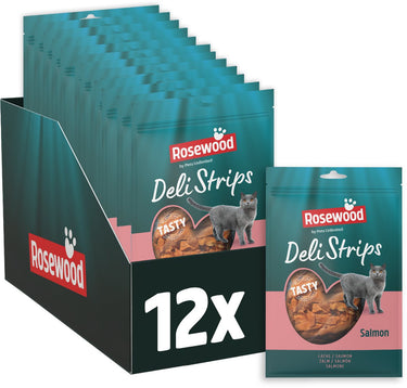 Rosewood deli strips zalm - kattensnack met zalm - zacht vetarm - zonder toegevoegd zout of suiker - 12 zakjes à 40g
