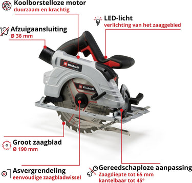 Einhell accu cirkelzaag tp-cs 18 190 li bl solo - power x-change - 18 v li-ion - koolborstelloze motor - 3.800 t min - ø190x20 30 mm 24 t - max. zaagdiepte: 90° 45°: 65 45 mm - excl. accu en lader
