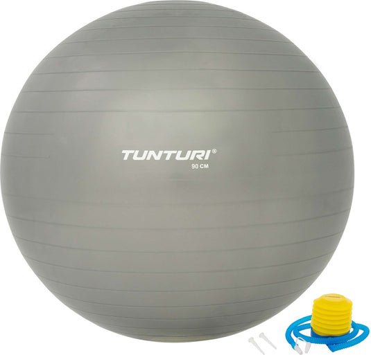 Tunturi anti burst fitness bal met pomp - yoga bal 90 cm - pilates bal - zwangerschapsbal – 220 kg gebruikersgewicht - incl trainingsapp – zilver