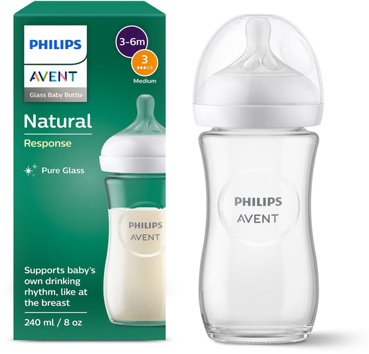 Philips avent natural response glazen babyfles – 240ml – flow 3 – bps vrij- 1 fles - scy933 01