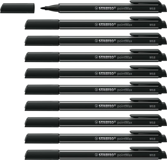 Stabilo pointmax - hardtip fineliner 0,8 mm - nylon punt - zwart - doos 10 stuks