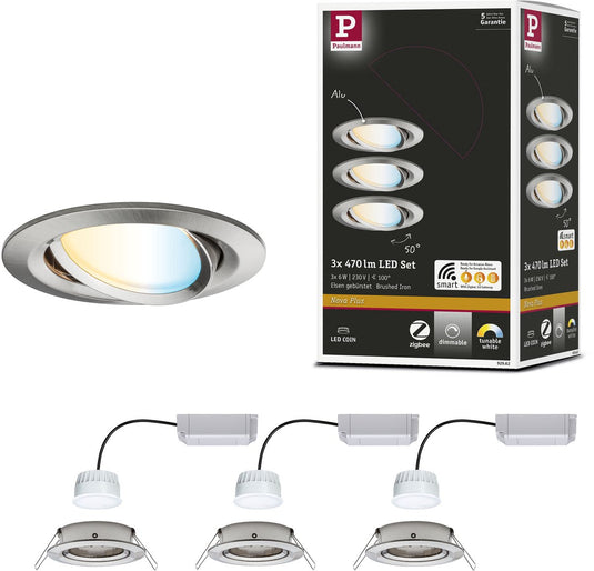 Paulmann led-inbouwlamp smart home zigbee 3.0 nova plus coin basisset zwenkbaar rond 84mm 50° coin 3x6w 3x470lm 230v dimbaar tunable white staal geborsteld