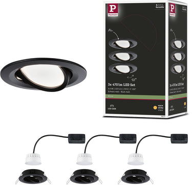 Paulmann led-inbouwlamp nova coin set van 3 zwenkbaar rond 84 mm 50° coin 3x6w 3x470lm 230v 2700k zwart mat