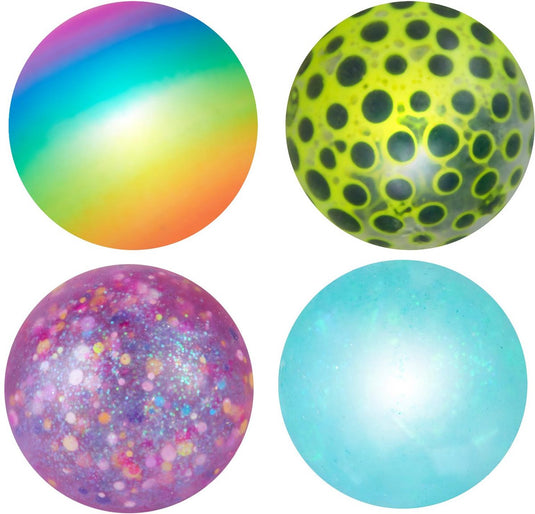 Eddy toys squish ball 4 stuks - squeeze ball squeezable - knijpbal set 4 stuks - squishy bal met verschillende designs - regenboog, glitter en stippen - 5 cm
