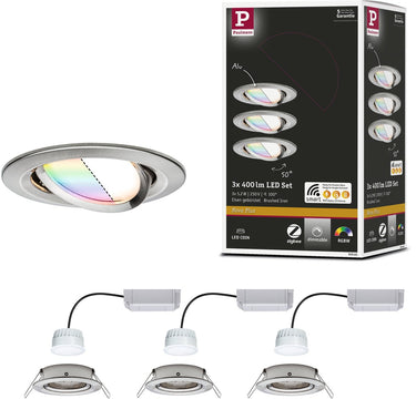 Paulmann led-inbouwlamp smart home zigbee 3.0 nova plus coin basisset zwenkbaar rond 84mm 50° coin 3x5,2w 3x400lm 230v dimbaar rgbw+ staal geborsteld