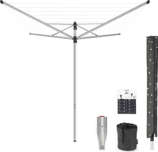 Brabantia lift-o-matic droogmolen - 40 m - met metalen grondanker - beschermhoes - wasknijpertasje en wasknijpers - metallic grey