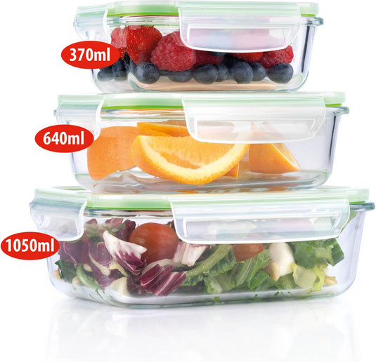 Alpina vershoudbakjes 3-delig - diepvriesbakjes met deksel - meal prep bakjes van glas - oven, vriezer, magnetron en vaatwasser bestendig - 370, 640 en 1050 ml
