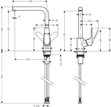 Hansgrohe focus m41 - keukenmengkraan - ééngreeps bediening - 280mm - rvs