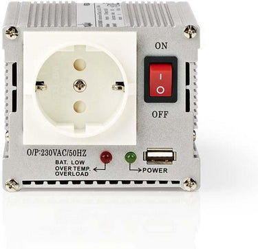 Nedis omvormer gemodificeerde sinusgolf - ingangsvoltage: 24 v dc - apparaat stroomoutput: type f (cee 7 3) usb-a - 230 v ac 50 hz - 300 w - piekvermogen: 600 w - accuklemmen + aansteker - zilver
