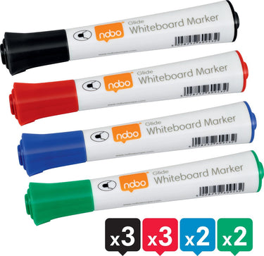 Nobo glide whiteboard markers - whiteboard stiften met ronde punt, pak van 10 stuks - geassorteerde kleuren
