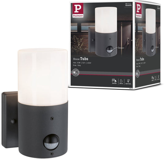 Paulmann wandarmaturen voor buiten tubs schemergestuurde bewegingsmelder (ir) ip44 rond 105x175 mm max. 15w 230v grijs mat metaal, kunststof