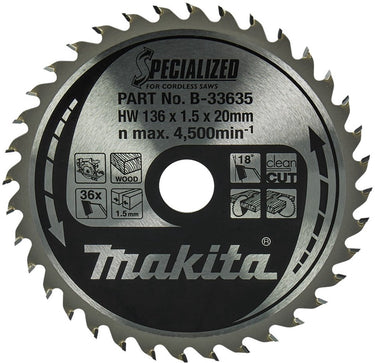 Makita accessoires makita cirkelzaagblad voor hout | specialized: accu | ø 136mm asgat 20mm 36t - b-33635
