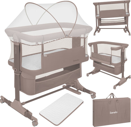 Lionelo jodie 3in1 wieg – aanschuifbed, vrijstaand bedje schommelwieg – co-sleeper - 6 hoogtestanden – t25 matras – neerklapbare zijde – inclusief klamboe mand
