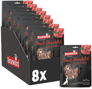 Rosewood steak shashlik rund koolvis - hondensnack - met runderhuid, rund vis - proteïnerijk - zonder kunstmatige toevoegingen - 8 zakjes à 100g