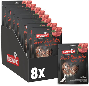Rosewood steak shashlik rund koolvis - hondensnack - met runderhuid, rund vis - proteïnerijk - zonder kunstmatige toevoegingen - 8 zakjes à 100g