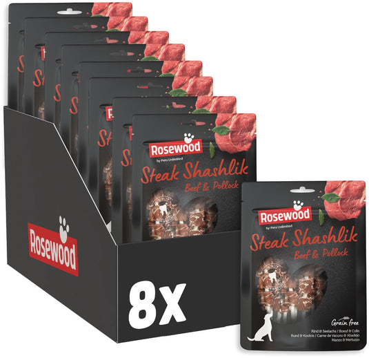 Rosewood steak shashlik rund koolvis - hondensnack - met runderhuid, rund vis - proteïnerijk - zonder kunstmatige toevoegingen - 8 zakjes à 100g