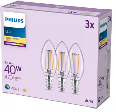 Philips filament kaarslamp helder 40w b35 e14 x3