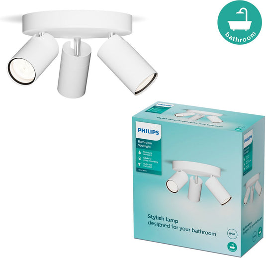 Philips led philips idris spot - plafondspot - spatwaterdicht ip44 - zwart - wit - badkamerlamp - drie lichtpunten - ronde basisplaat - alleen geschikt voor led spots
