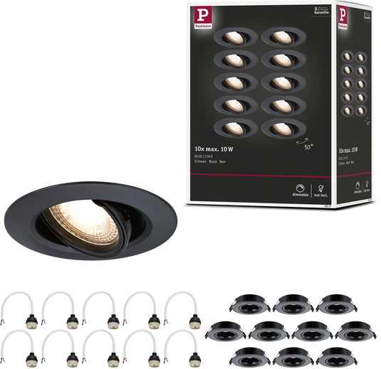 Paulmann inbouwlamp set van 10 zwenkbaar rond 90 mm 30° gu10 max. 10x10w 230v dimbaar zwart