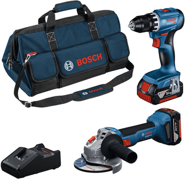 Bosch professional 18v toolkit - combiset - gws 18v-8 + gsr 18v-45 + 2x gba 18v 4.0 ah + gal 18v-40 lader