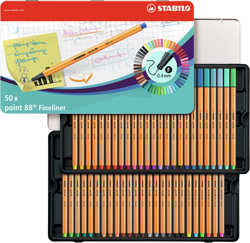 Load image into Gallery viewer, Stabilo point 88 - fineliner 0,4 mm - 50 stuks metalen etui - met 47 verschillende kleuren
