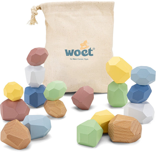 Woet ® houten balansblokken - 18-delige stapelstenen set - montessori stapelspeelgoed met handige opbergzak - fsc - vanaf 18 maanden
