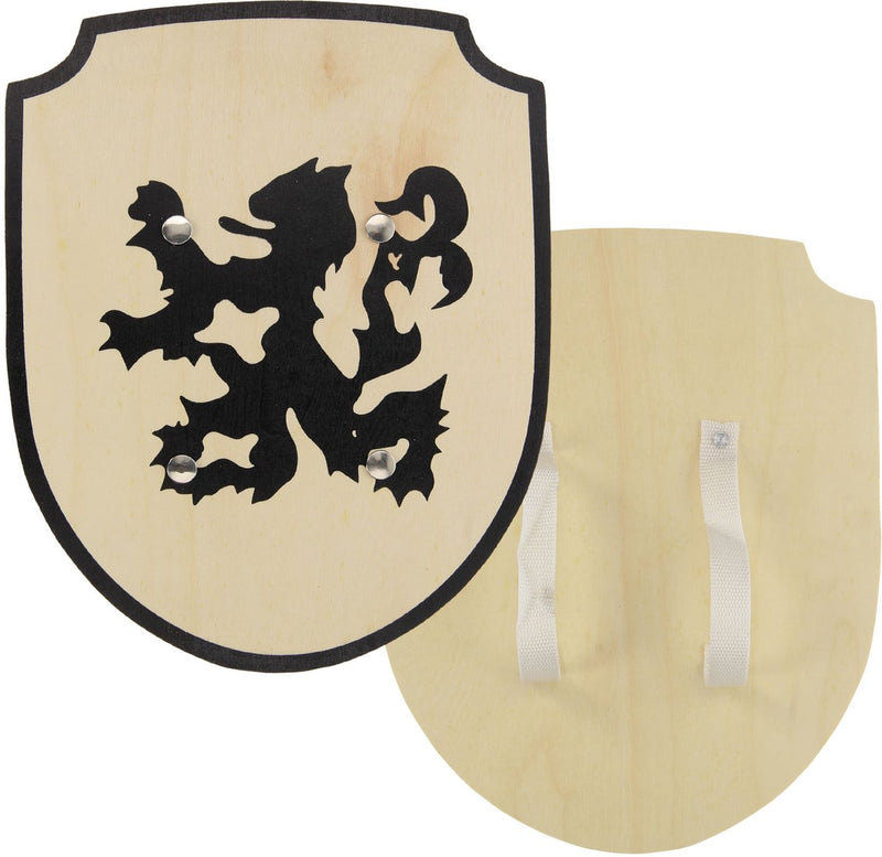 Load image into Gallery viewer, Playwood houten schild ridder leeuw met stoffen handvat speelgoed.

