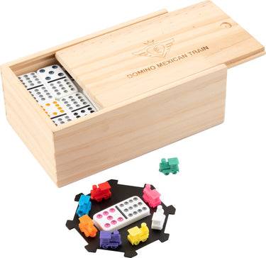 Engelhart domino dubbel 12 mexican train – 91 stenen met gekleurde ogen – houten kist met schuifdeksel – inclusief station treinen – strategisch familiespel –