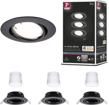 Paulmann led-inbouwlamp smart home zigbee 3.0 base coin basisset zwenkbaar rond 90 mm 20° coin 3x4,9w 3x430lm 230v dimbaar 3000k zwart mat