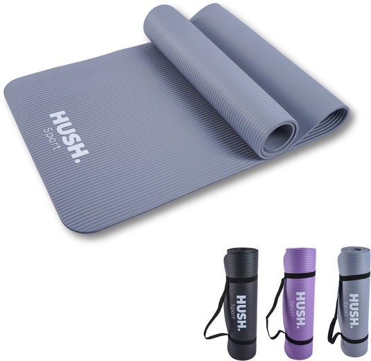 Hush sport - yogamat 180 x 60 cm - 8 mm dik dempend nbr - voor yoga, pilates fitness - inclusief handige draagband - lichtgewicht en oprolbaar - grijs