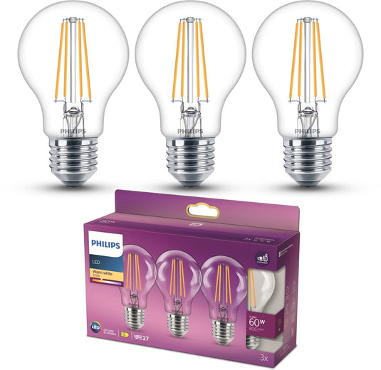 Philips led lamp - standaard lampvorm met e27 fitting - warmwit licht: 2700k - 60w - helder glas - 3-pack