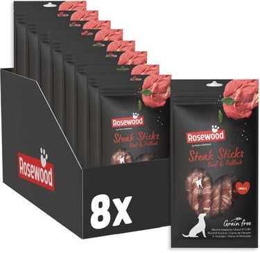 Rosewood steak sticks rund koolvis small - kauwstaven voor kleine honden - met runderhuid - graanvrij - zonder kunstmatige toevoegingen - 8 zakjes à 90g