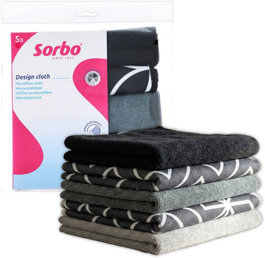 Sorbo grijs en zwart - microvezeldoeken - 5 stuks - streeploos en vetvrij - droog en vochtig gebruik