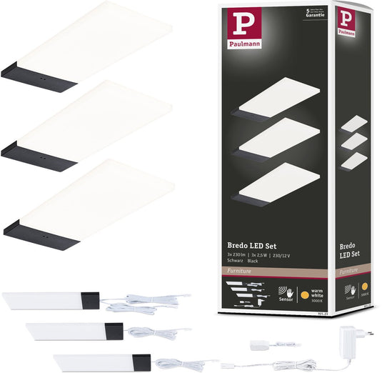 Paulmann led-onderkastverlichting bredo naderingsschakelaar set van 3 3x2,5w 80x190 mm 3x180lm 230 12v zwart