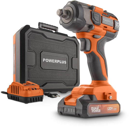 Powerplus dual power batterij slagmoersleutel powdp20161 - 1 2 snoerloze slagmoersleutel 20 v, 4350 tpm en 220 nm, incl. accu en lader