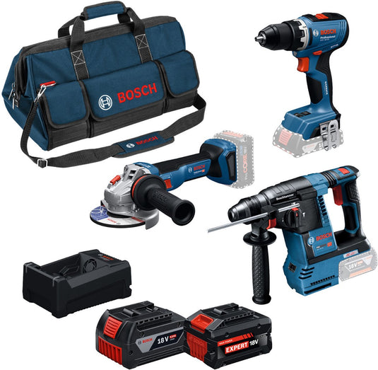 Bosch professional 3-toolkit 18v - gereedschap combiset - gsr 18v-65 - gbh 18v-26 - gws 18v-11 - gba 18v 5.0 ah - exba 18v 5.5 ah - gal 12v 18v-80 lader