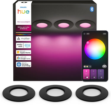 Philips hue dunne led inbouwspot - badkamerverlichting - gu10 fitting - bevat 3 inbouwspots - aanpasbaar wit en gekleurd licht - zwart - ip44: spatwaterdicht - ø: 90mm - slimme verlichting