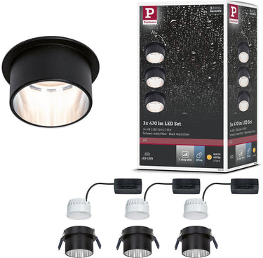 Paulmann led-inbouwlamp 3-step-dim gil coin basisset ip44 rond 68 mm coin 3x6w 3x470lm 230v dimbaar 2700k zwart mat, staal geborsteld