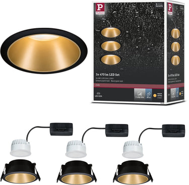 Paulmann led-inbouwlamp 3-step-dim cole coin set van 3 ip44 rond 88 mm coin 3x6w 3x470lm 230v dimbaar 2700k zwart, goud mat