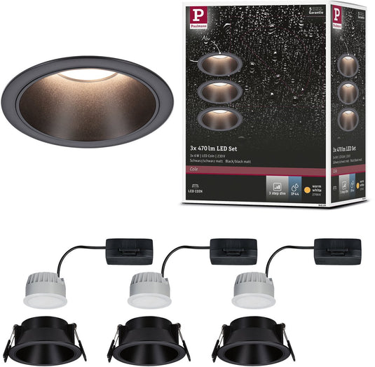 Paulmann led-inbouwlamp 3-step-dim cole coin set van 3 ip44 rond 88mm coin 3x6w 3x470lm 230v dimbaar 2700k zwart