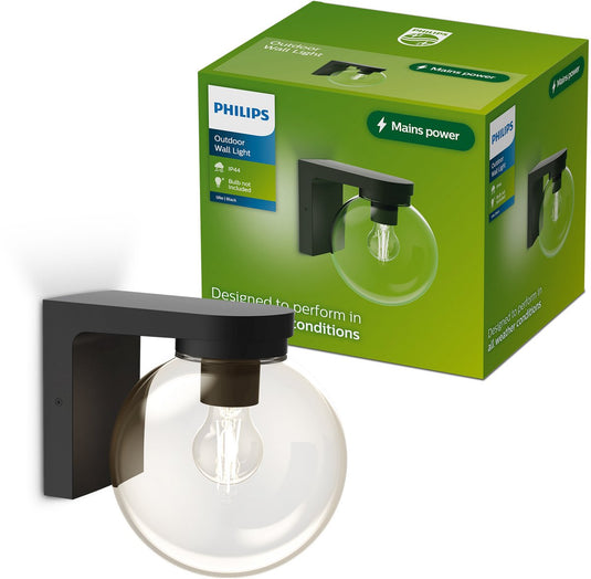 Philips led philips ulio wandlamp - buitenverlichting - e27-fitting - weerbestendig: ip44 - zwart - hoogwaardig aluminium en glas - modern design
