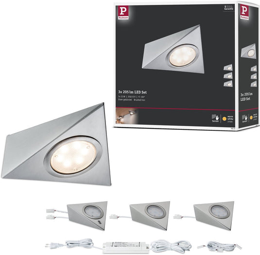 Paulmann led onderbouwverlichting set van 3 - geborsteld staal - 2,8w - 170 lm - 230 12v - hoekig design - keukenkastverlichting onderbouw led
