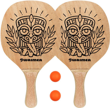 Waimea beach peddelbal set met houten grip - blank zwart fluororanje