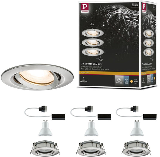 Paulmann led-inbouwlamp nova plus set van 3 zwenkbaar ip65 rond 93 mm 30° gu10 3x7w 3x460lm 230v dimbaar 2700k staal geborsteld